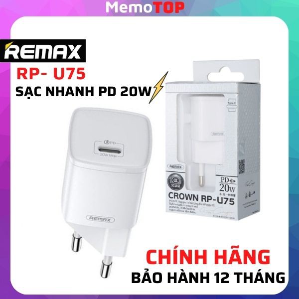 Củ sạc nhanh PD 20W chính hãng REMAX RP-U75 dây sạc 18w 20w đều tương thích samsung cho điện thoại iphone -Memotop