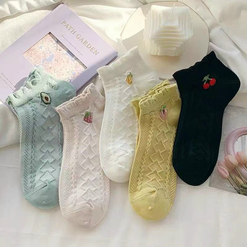 Set 5 Đôi Tất Nữ Cotton Gân Nổi Cổ Bèo Thêu Hình Hoa Quả Cute