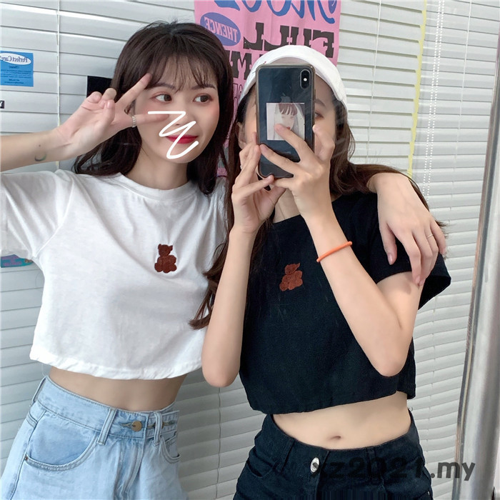 Áo thun tay ngắn thêu hoạt tiết gấu đáng yêu cho nữ