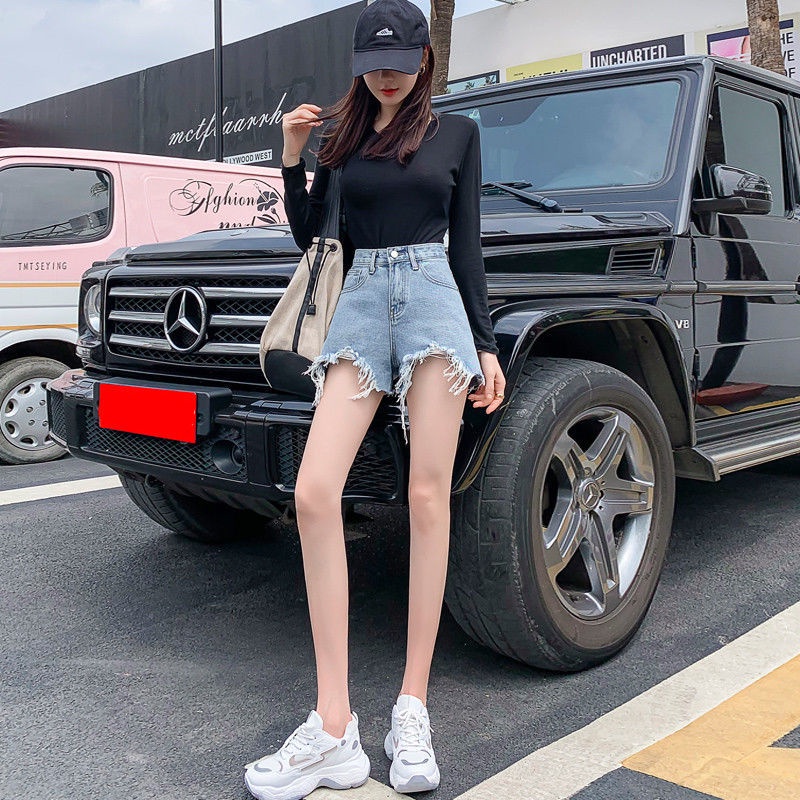 Quần Short Denim Lưng Cao Thiết Kế Xẻ Rách Thời Trang Mùa Hè Cá Tính Cho Nữ