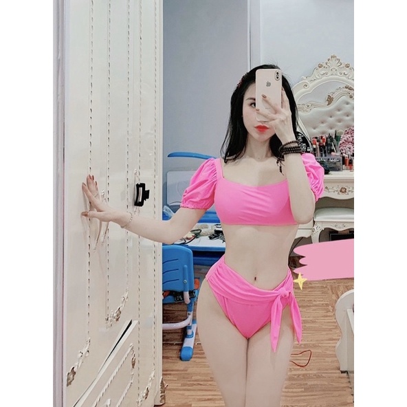 [BKN598] &lt;ÂU&gt; SET BIKINI BASIC TAY NGẮN NƠ EO HỒNG BABY (CẠP CAO)