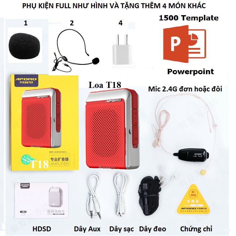 Máy trợ giảng Aporo T18 5.0 phiên bản mic hạt gạo cao cấp -Tặng kèm mic có dây