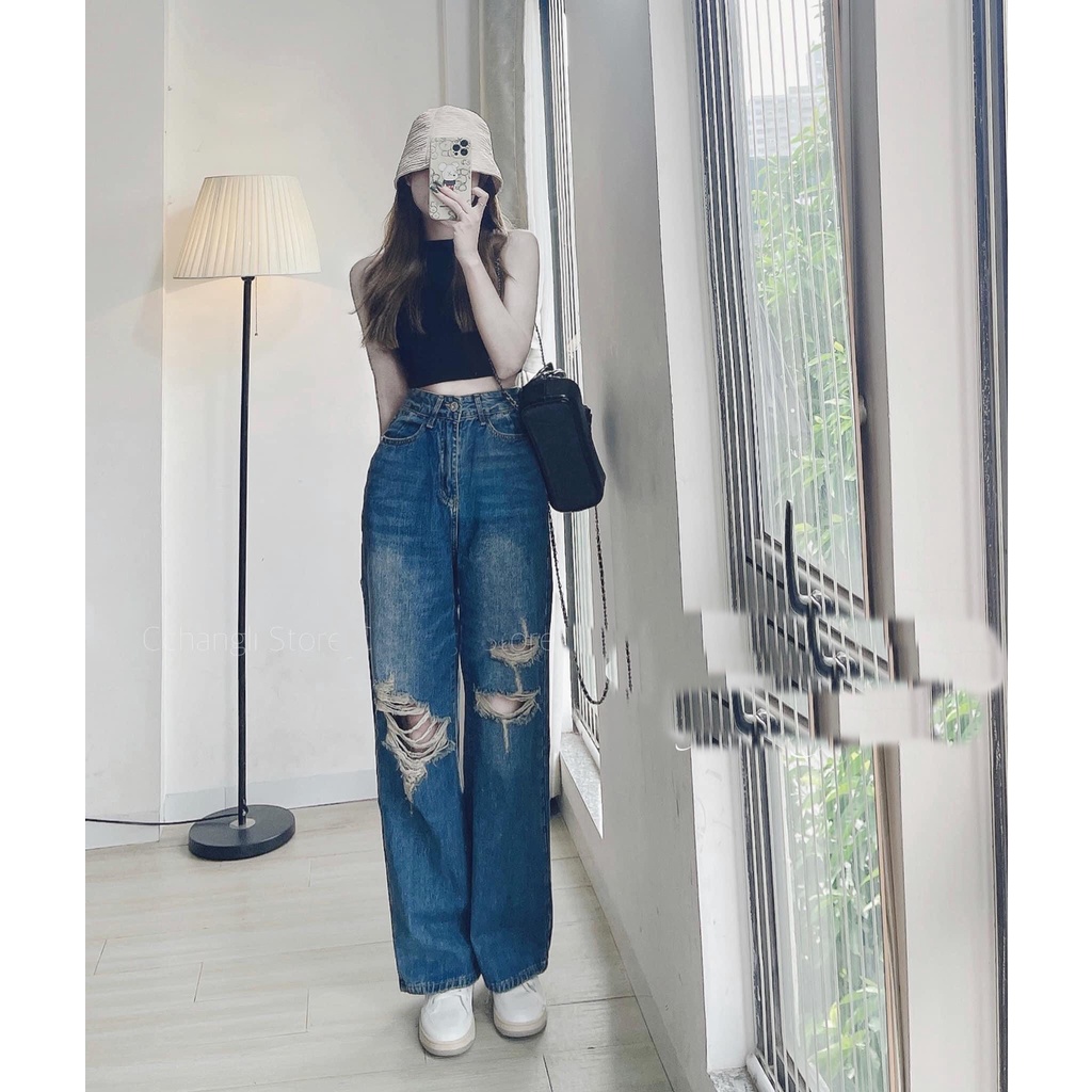 QUẦN JEANS ỐNG RỘNG NỮ LƯNG CAO RÁCH 2 MẢNG ĐÙI PHẢI PHỐI MẢNG TO GỐI TRÁI XANH NHẠT ĐẬM LAI CUỐN