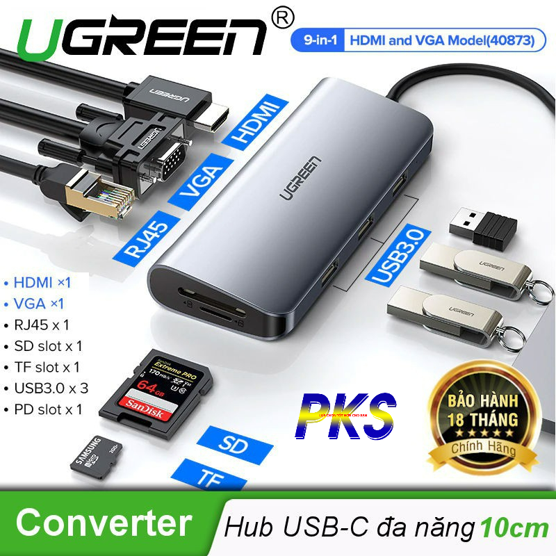 HUB 9 in 1 USB Type C To HDMI, VGA, USB 3.0, Lan, SD, USB-C chính hãng cao cấp Ugreen 40873