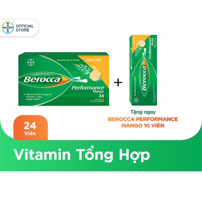 [Mã FMCGMALL - 8% đơn 250K] Viên sủi bổ sung Vitamin Berocca Performance Mango 24 Viên + Tặng 1 Tuýp Berocca 10 Viên