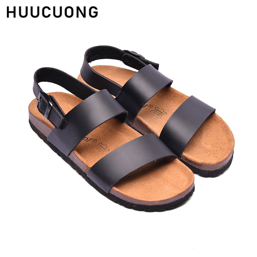 Giày Sandal unisex Huucuong 2 quai màu đen Unisex đế trấu