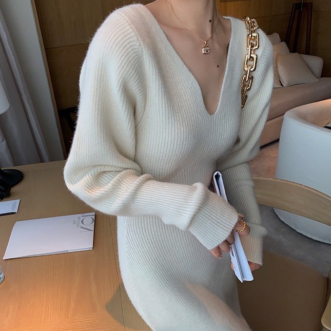 SUXI Đầm midi tay dài cổ chữ V dáng ôm thời trang mùa thu phong cách Hàn Quốc thanh lịch cho nữ