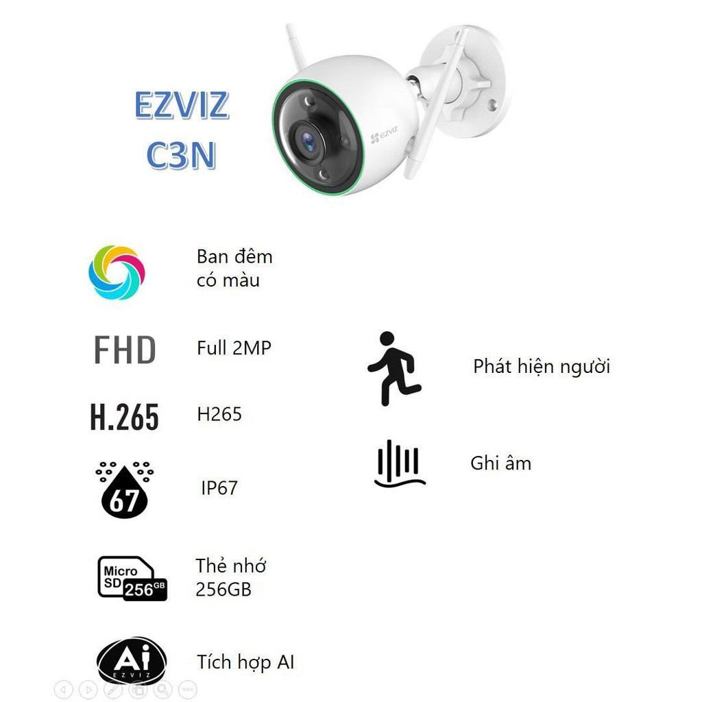 Camera Wifi ngoài trời tích hợp AI EZVIZ C3N CS-C3N-A0-3H2WFRL 1080P - Có màu ban đêm - Tích hợp micro - Hàng chính hãng