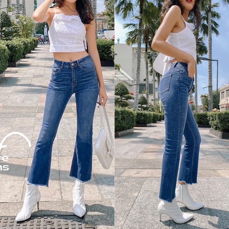 Quần Jean Nữ loe lai tua MANGO dáng lưng cao chất jean co giãn thoải mái phom 9 tấc thời trang