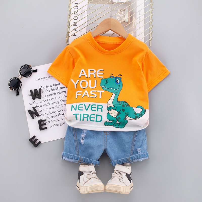 Bộ Áo Thun cotton + Quần Short denim In Họa Tiết Khủng Long Hoạt Hình Thời Trang Mùa Hè Cho Bé 0-6 Tuổi
