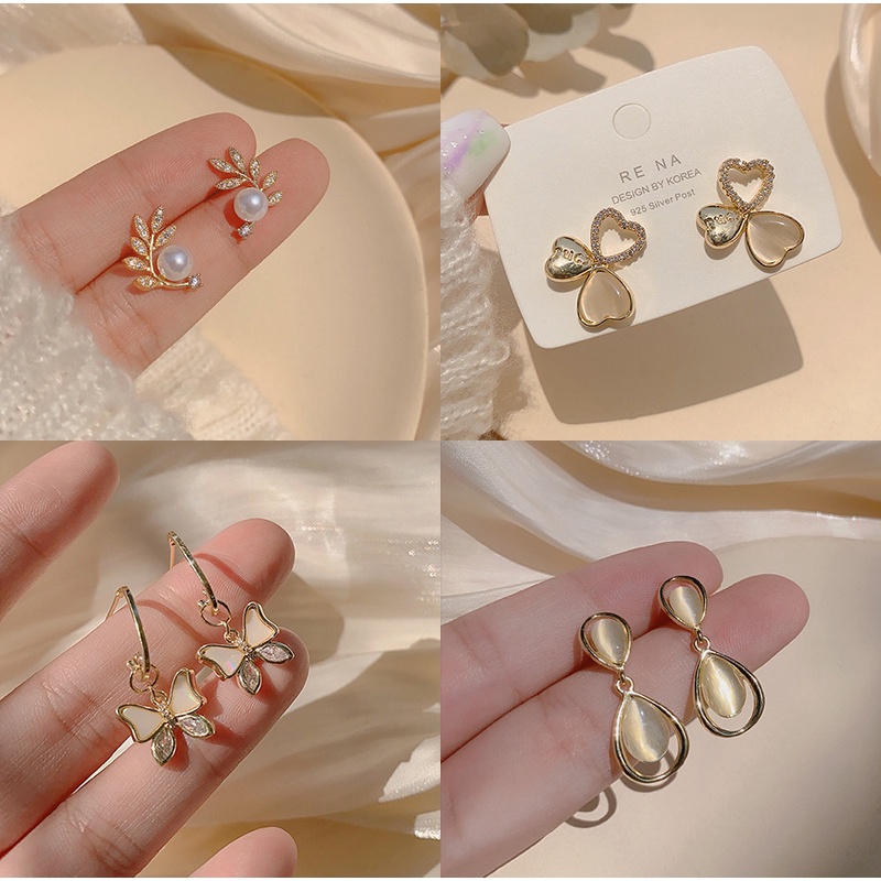 zheting Bông tai opal zhenting chấu bạc 925 hình học đơn giản đính ngọc trai cá tính phong cách Hàn Quốc cho nữ