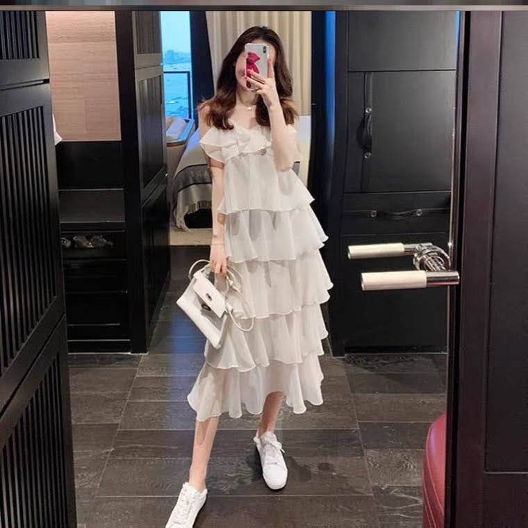 🎁🎁 Váy Hai Dây Trắng Có Tầng Bèo Dáng Dài Xinh Đi Chơi Đi Tiệc