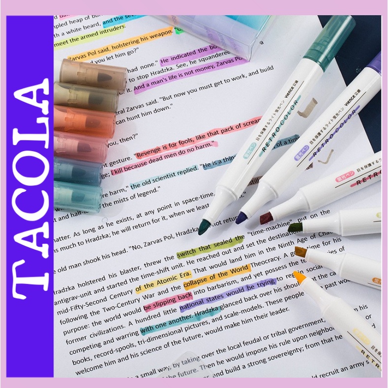 Bút dạ quang 6 màu highlight pastel TACOLA, bút đánh dấu nhớ dòng cute nhiều màu marker dễ thương BD01
