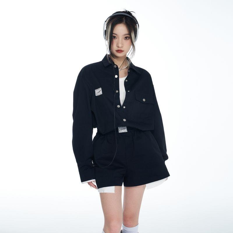 Áo Sơ Mi Tay Dài Dáng Ôm + Quần Short Lưng Cao Phong Cách Đường Phố Mỹ Thời Trang Mùa Thu Mới Dành Cho Bạn Nữ