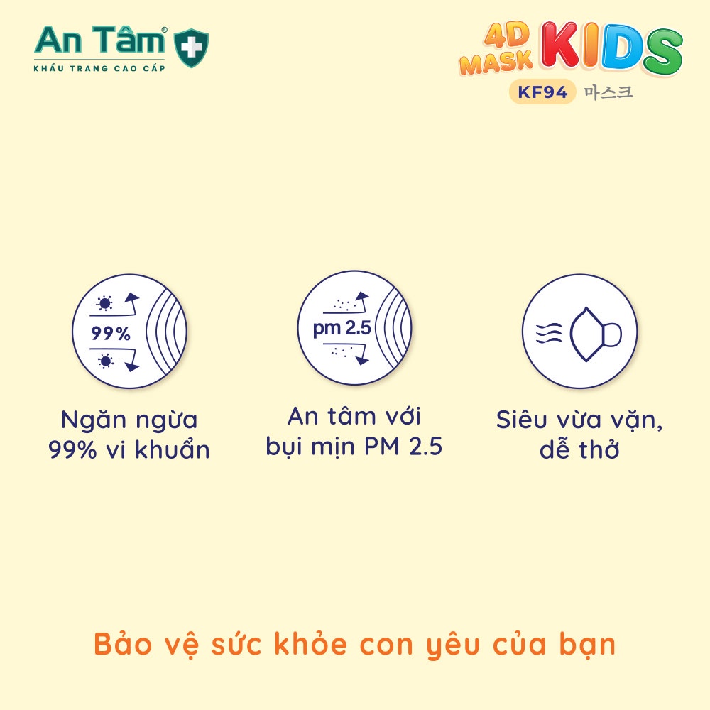 Khẩu trang y tế 4D Hàn Quốc cho bé kháng khuẩn, vừa vặn, dễ thở, chống tia UV - Chính Hãng AN TÂM - Hộp 10 cái