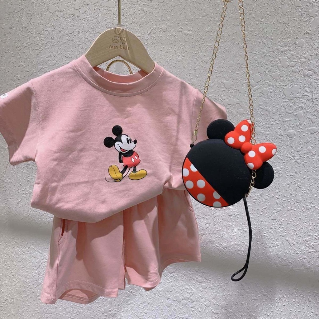 Set Áo Thun Cotton Ngắn Tay + Quần Short Dáng Rộng In Họa Tiết Hoạt Hình Thời Trang Mùa Hè Cho Bé Gái