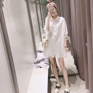 váy zz váy sơ mi trắng dáng xoè tay lửng thắt nơ tay hàng mới 2019 đây ạ