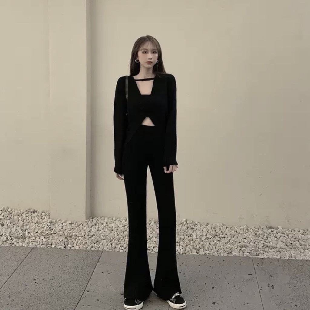 A24 Set Bộ Áo Dài Tay Cutout Kèm Quần Dài Suông Culottes Thời Trang Thu Đông