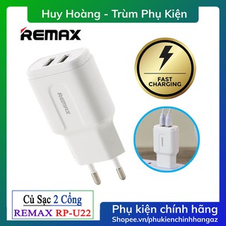 Củ Sạc Nhanh 2 Cổng Remax RP-U22 - Củ Sạc 2 2.4A Cổng Hỗ Trợ Sạc Nhanh - Hàng Chính Hãng