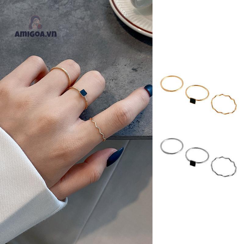 ✨✨Nhẫn Ba Mảnh Đính Đá Zircon Hình Vuông Nhỏ Đơn Giản Chất Lượng Cao Thiết Kế Niche Cho Nữ