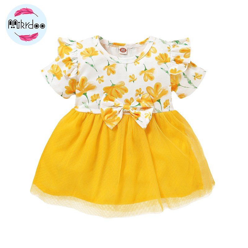 Đầm Mikrdoo bằng voan ngắn tay in họa tiết hoa thời trang mùa hè dễ thương cho bé gái