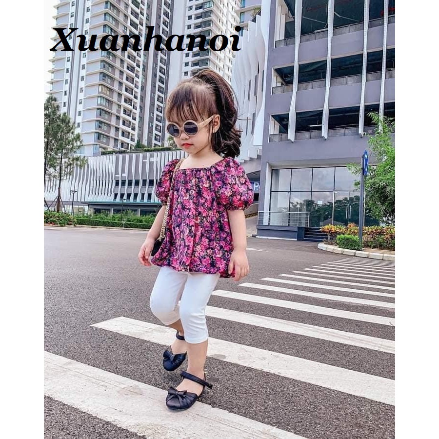 Set quần áo hè bé gái Áo tím và quần legging cotton trắng XHN573