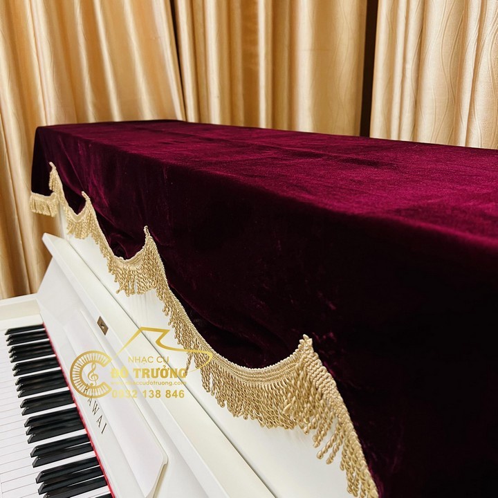 Khăn phủ đàn Piano nhung đỏ vải dày tua rua lớn