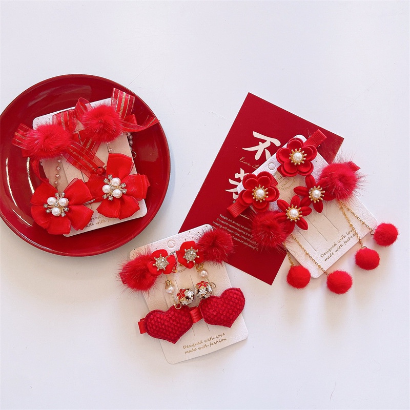 Set 4 kẹp tóc tua rua màu đỏ chủ đề năm mới xinh xắn cho bé