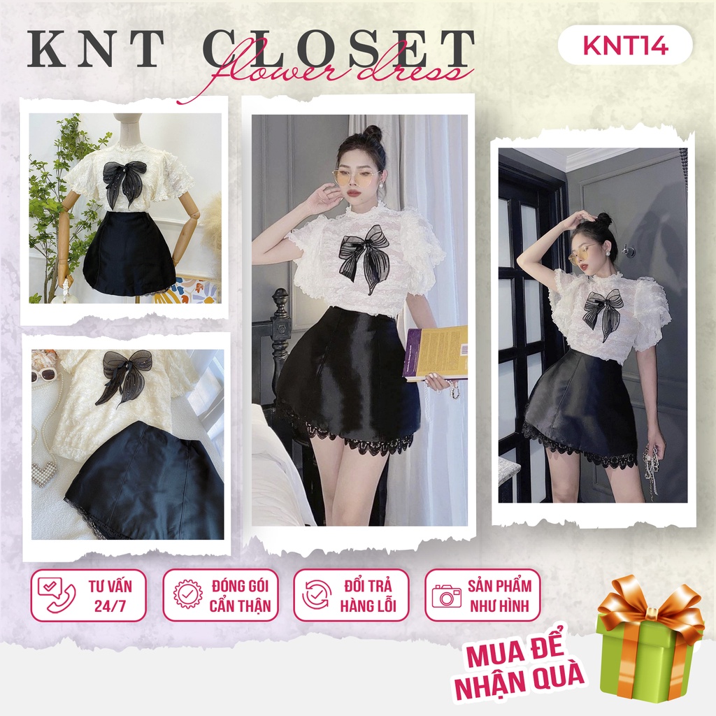 Set Áo Ren Kem Đính Nơ Đen Phối Cùng Chân Váy Đen Ren