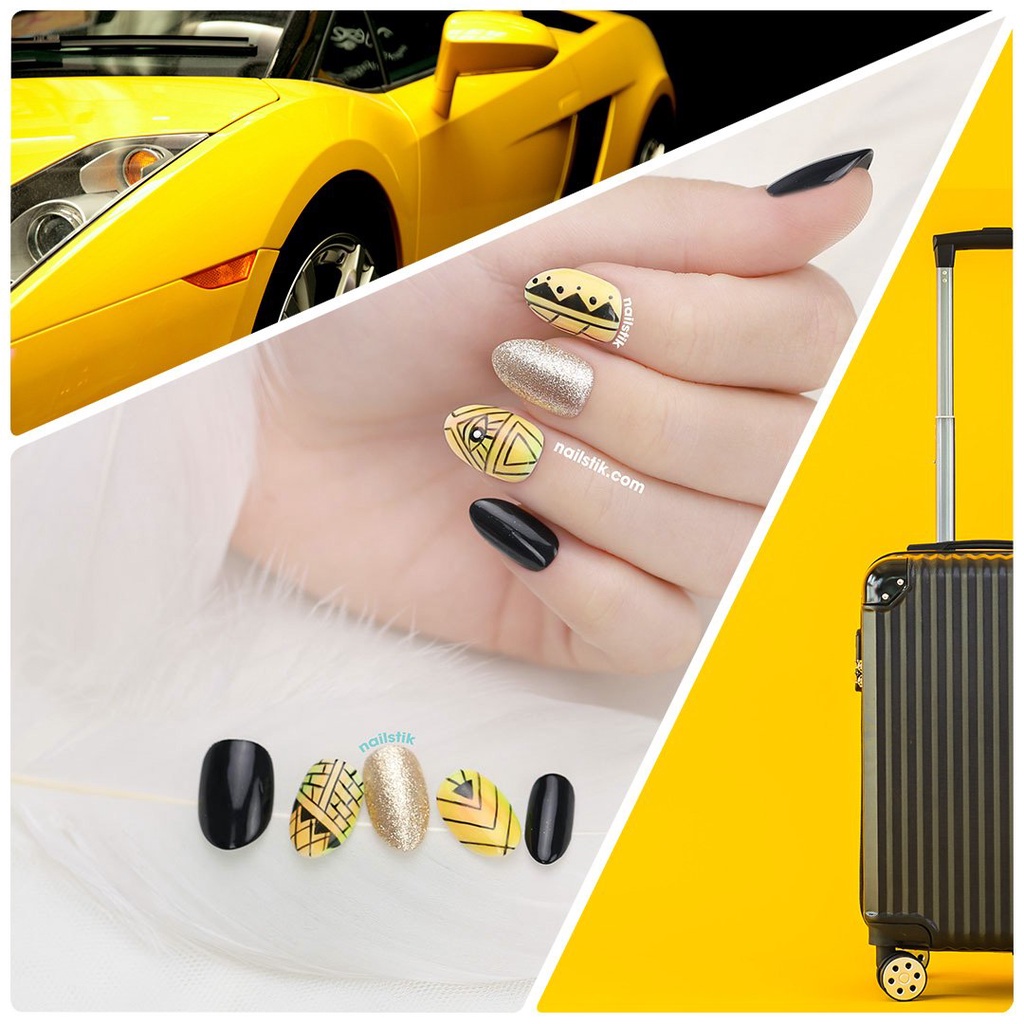 Móng úp thiết kế by NAILSTIK, màu vàng, đen, form móng bầu, ngắn/dài, 100