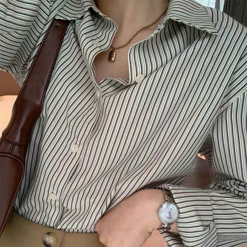Áo sơ mi nữ tay dài họa tiết kẻ sọc - Phong cách Retro Hàn Quốc xinh đẹp - Kemi