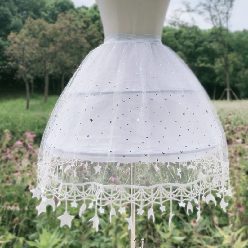 Chân Váy Tulle 2 Vòng Viền Tua Rua Đính Ngôi Sao Mặt Trăng Màu Trắng Phong Cách Lolita