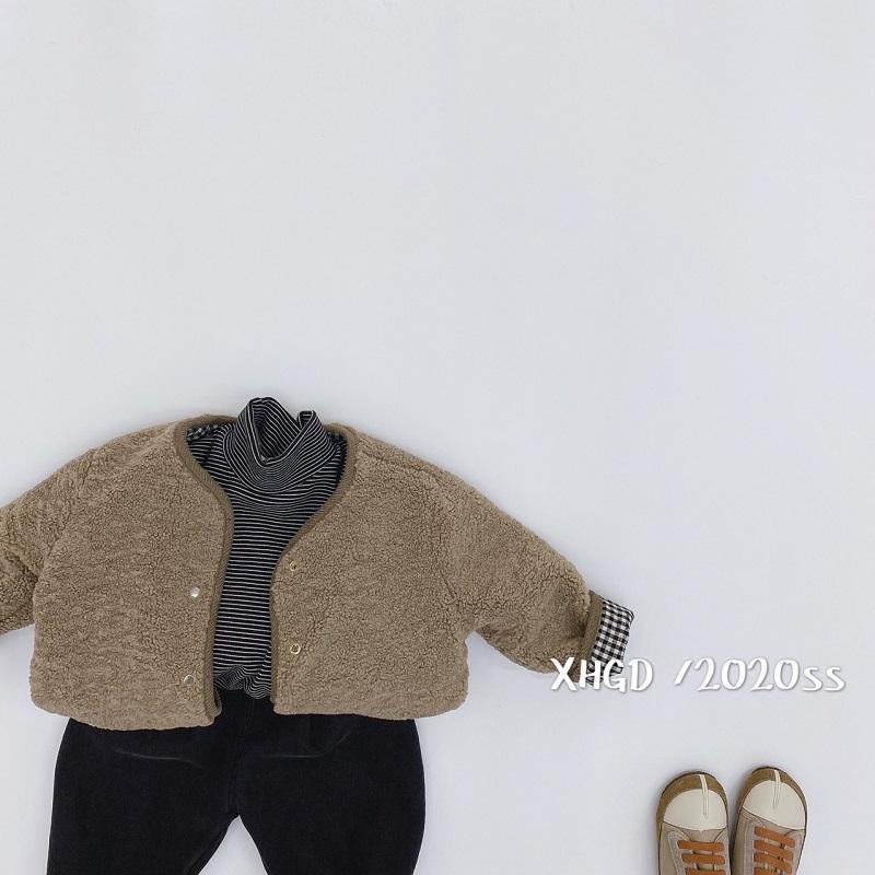 Áo khoác hai mặt phối lông dày ấm áp họa tiết sọc caro thời trang thu đông 2021 dễ thương cho bé trai và gái