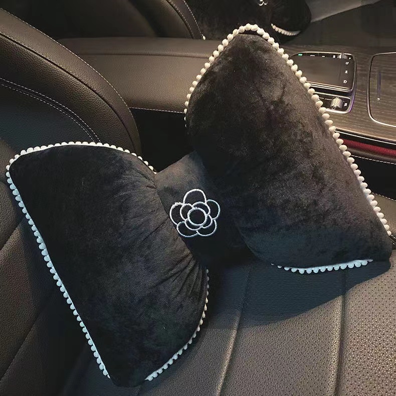 Gối Tựa Đầu, Tựa Lưng Ô Tô Hình Nơ Gắn Bông Hoa Trà Xinh Xắn, Trang Trí Nội Thất Xe Hơi