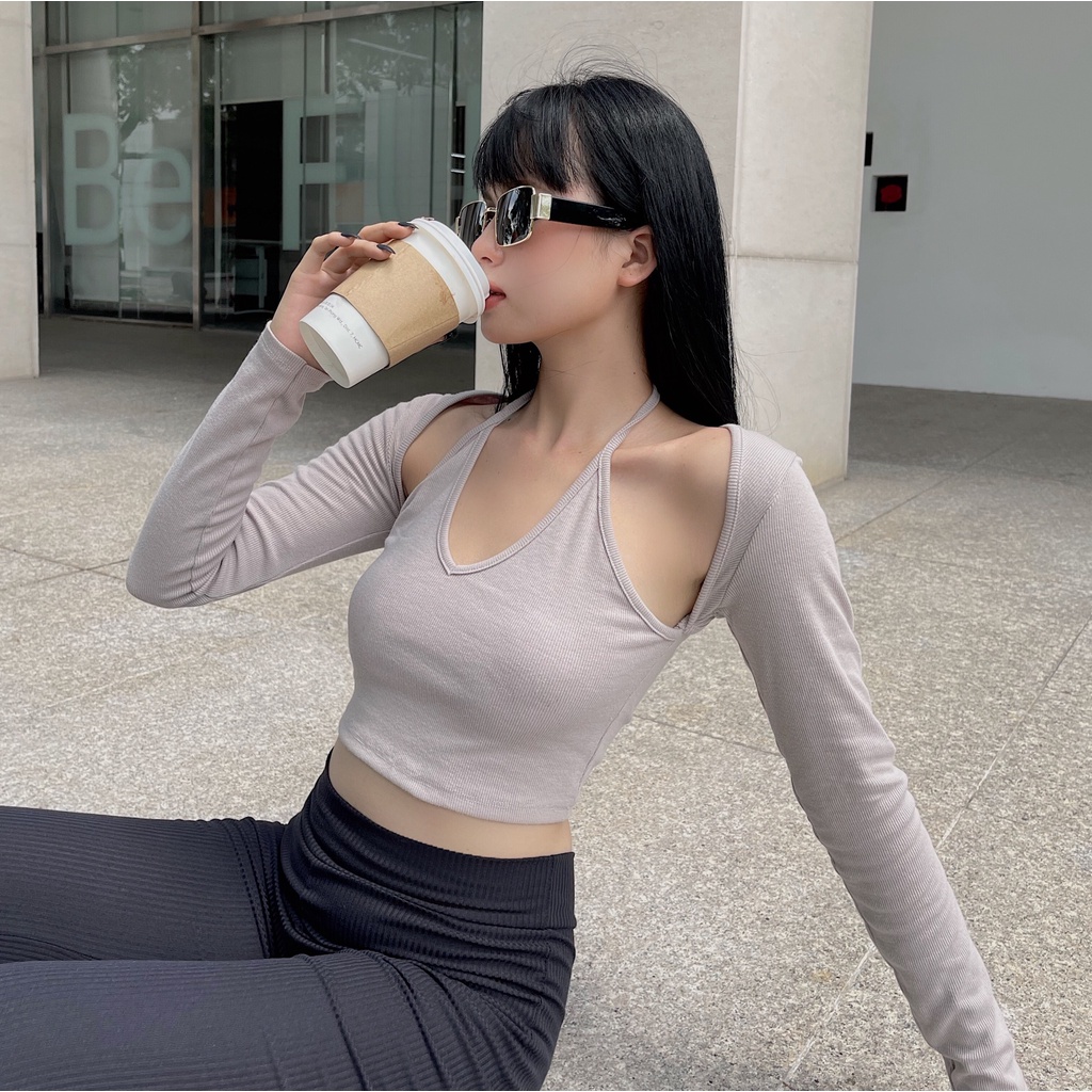 Áo croptop nữ body dài tay TOPTIFY cổ yếm buộc dây hở lưng Gigi Top A173