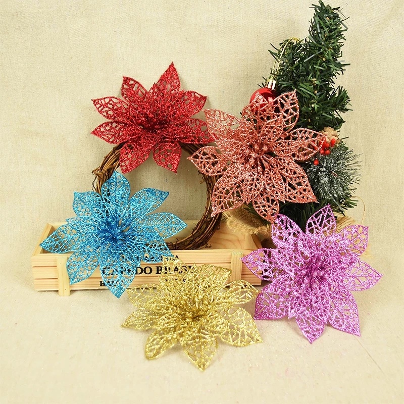 Set 5 Bông Hoa Nhựa Lấp Lánh Trang Trí Giáng Sinh / Năm Mới DIY