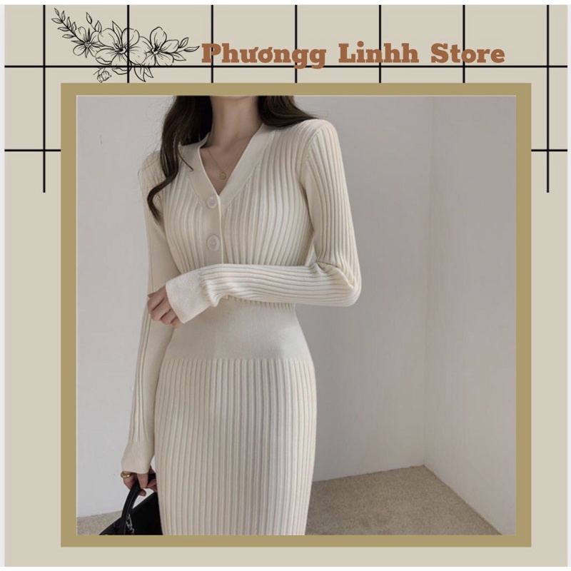 Váy Len Body Dài Tay Cổ Tim 3 Cúc (Có Ảnh Thật)