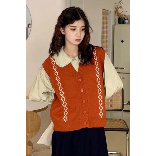 Áo Dệt Kim Sát Nách Cổ Chữ V Màu Cam Phong Cách Retro Thời Trang Cho Nữ