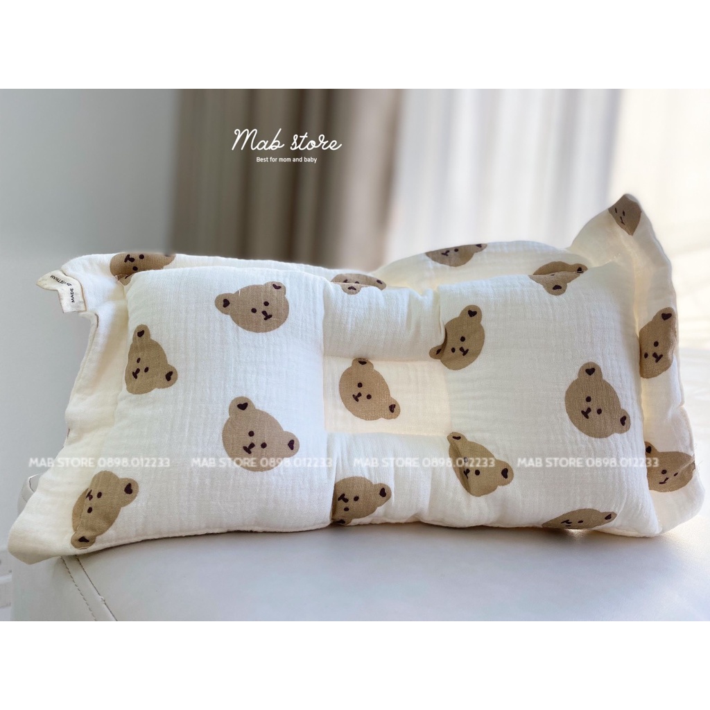 Gối lõm chống bẹp đầu tai gấu hình chữ nhật Monona vải cotton thấm hút thoáng khí cho bé