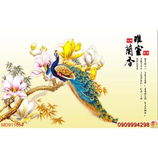TRANH DÁN TƯỜNG 3D CHIM CÔNG,TRANH CHIM KHỔNG TƯỚC VÀ HOA MẪU ĐƠN