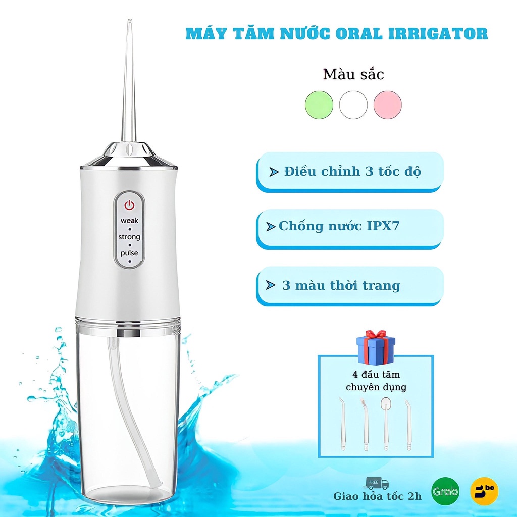 Tăm Nước Oral Irrigator Máy Tăm Nước Cầm Tay Vệ Sinh Răng Miệng Kèm 4 Đầu Tăm Nước Bình Chứa 220ml