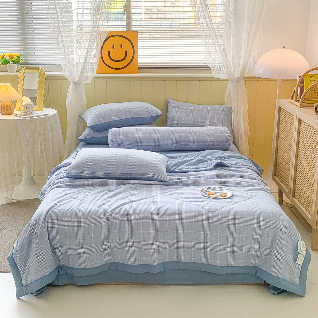Bộ chăn ga gối Cotton đũi 5 món sọc kẻ Hàn Quốc, chăn trần bông nhập khẩu chất liệu vải đũi mềm mại và thông thoáng