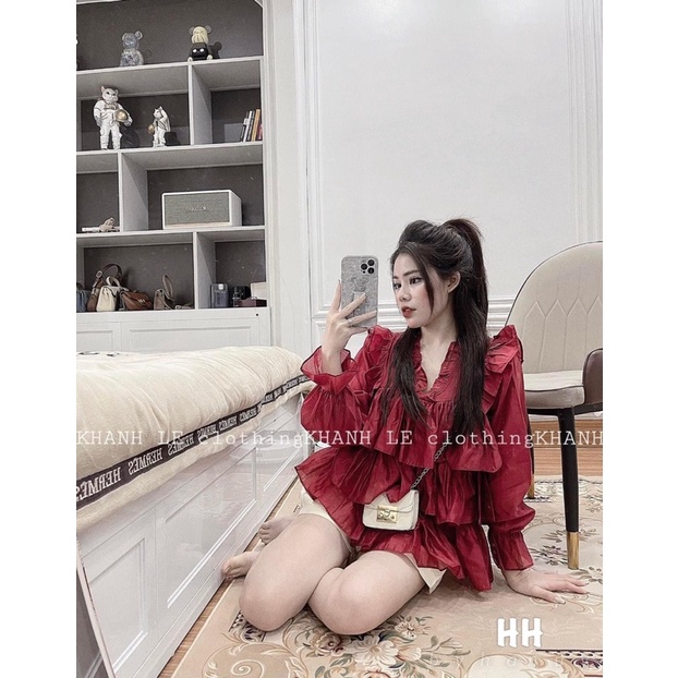 Set áo sơmi tơ bèo đỏ mix quần short