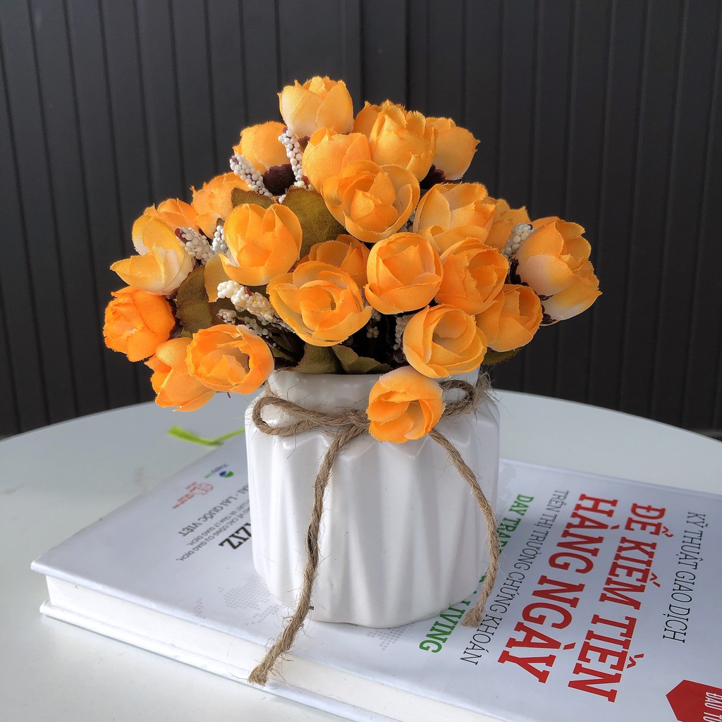 Hoa giả cắm sẵn 🌼 Chậu HOA HỒNG TRÀ BI cực dễ thương 🍀 Hoa giả decor để bàn hoadecormenmen