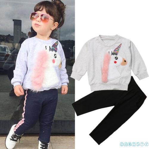 Bộ đồ áo nỉ dài tay thêu hình ngựa một sừng + quần dài dễ thương xinh xắn cho bé gái