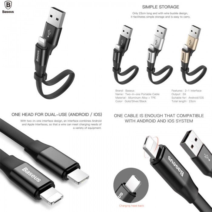 Cáp Baseus 23cm 2in1 MicroUSB & Lightning - Chính hãng - Chống rối chống xoắn (3 màu giao ngẫu nhiên)