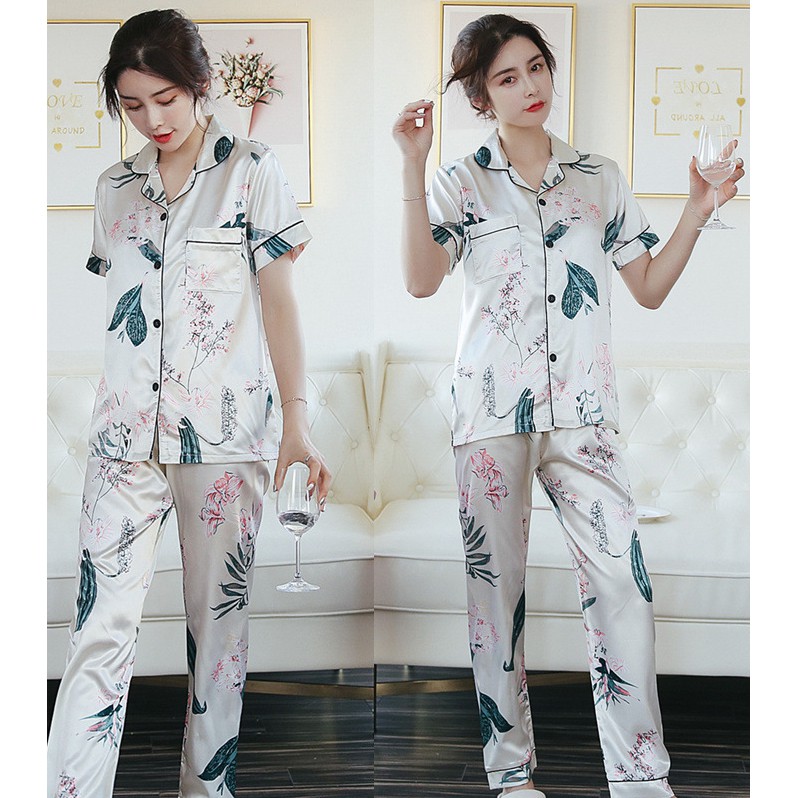 Bộ Đồ Ngủ Phi Lụa Nữ Quần Dài Tay Ngắn CDANP10