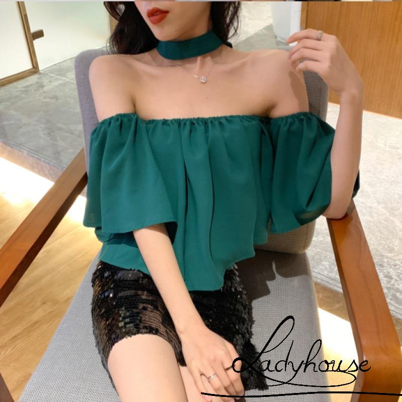 Áo Kiểu Trễ Vai Tay Ngắn Màu Trơn Thời Trang Dự Tiệc Cho Nữ