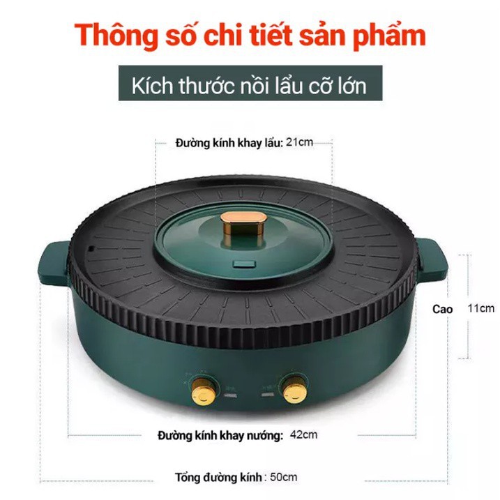 Nồi Lẩu Nướng Điện Đa Năng 2in1 Hàng Nội Địa Trung Cao Cấp, Bếp lẩu nướng 2 in 1 48CM chống dính dễ dàng vệ sinh