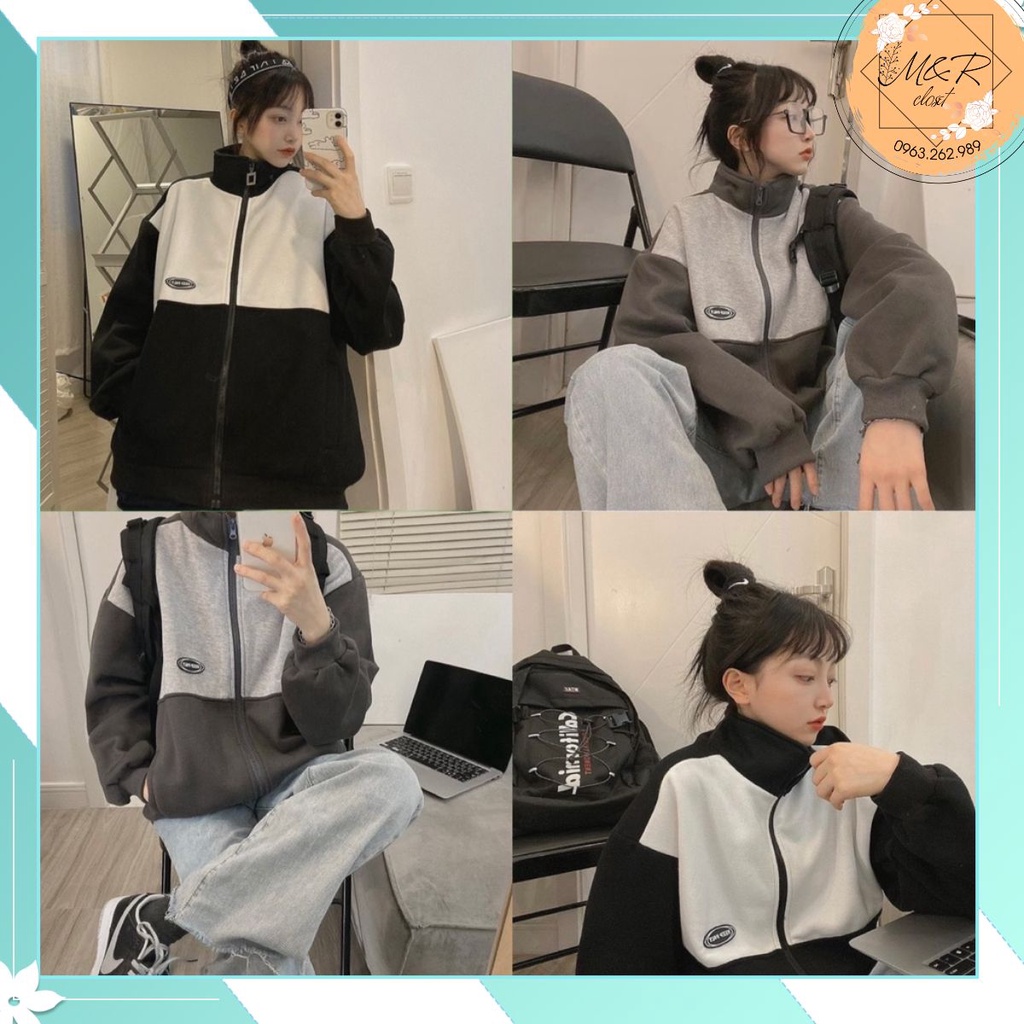[ Ảnh Thật] Áo khoác nỉ ấm MINH GẤU phối màu đen trắng from to đẹp chuẩn ảnh